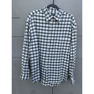 CANALI Mens Button Up Shirt Heavy Weight Textured Ivory Black Check Italy 42 IT